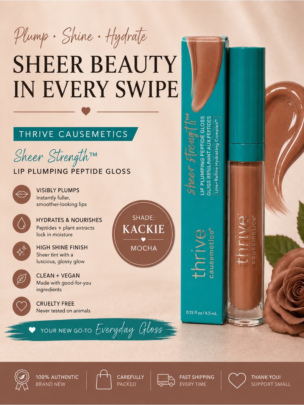 Thrive Kackie Sheer Strength Lip Plumping Peptide Gloss- mocha, vegan, gentle